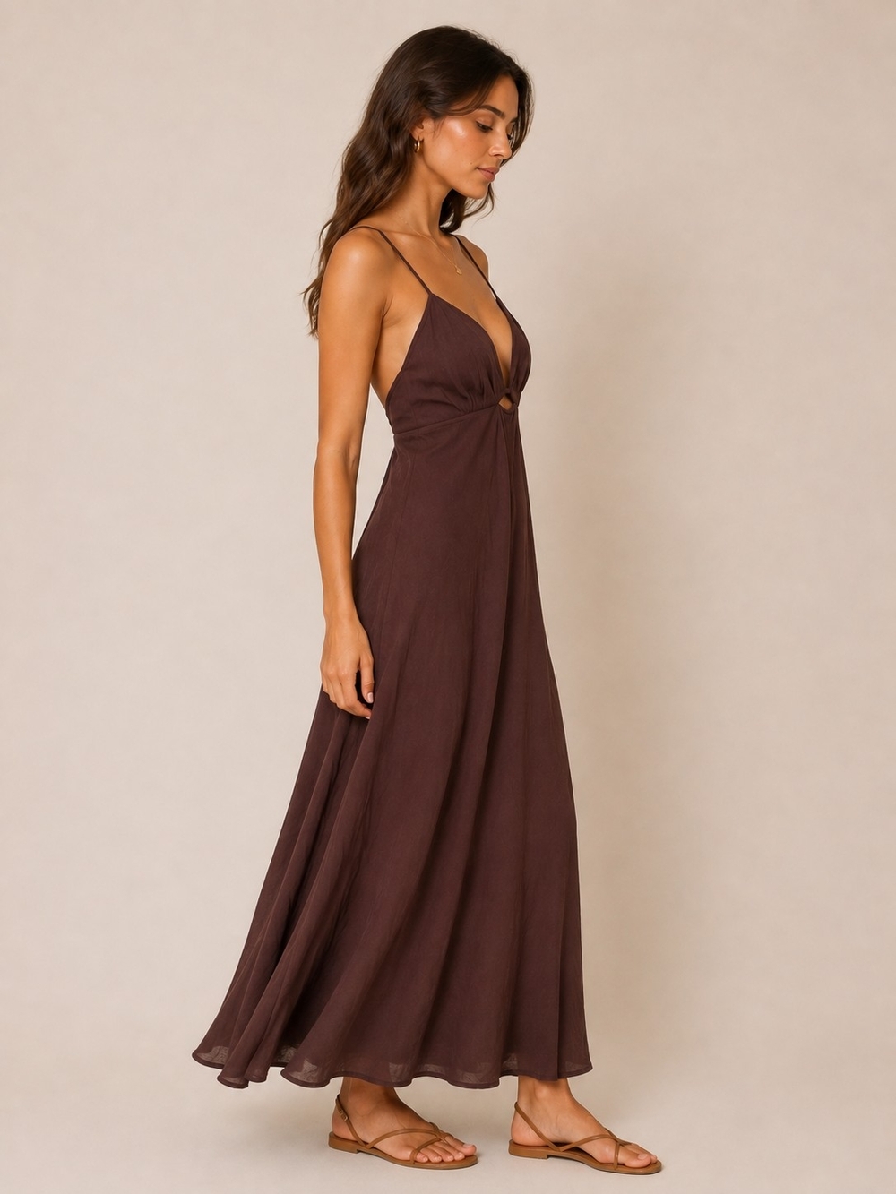 Mango Chocolate Brown Spaghetti-Strap Maxi Dress